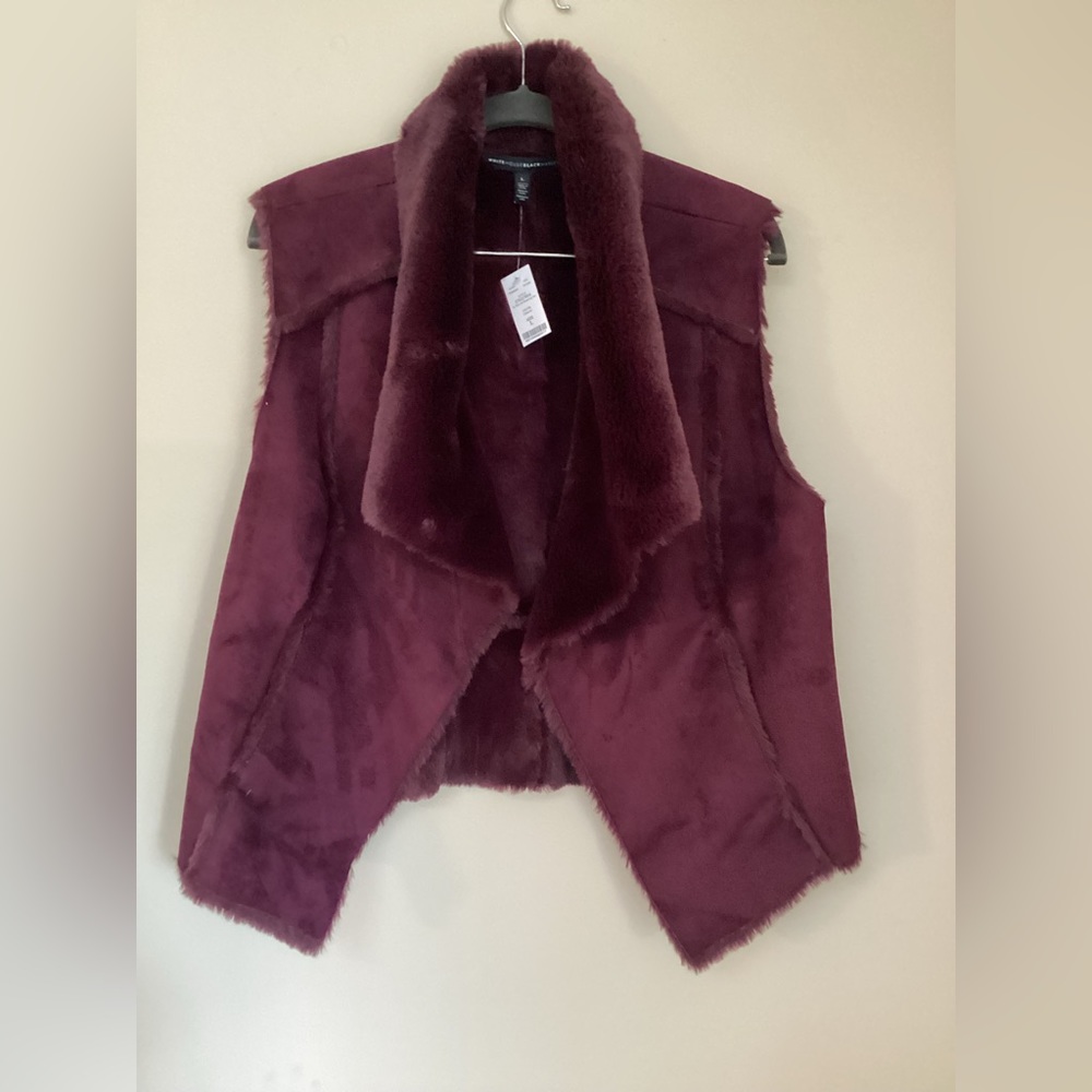 White House Black Market Shearling Vest in Cabernet, L, NWT Faux Suede and Fur.